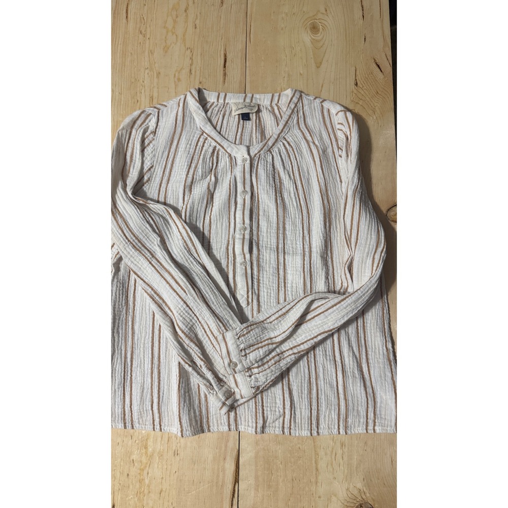 Universal Thread Womens‎ Large White Tan Striped Cotton Gauze Henley Blouse Top